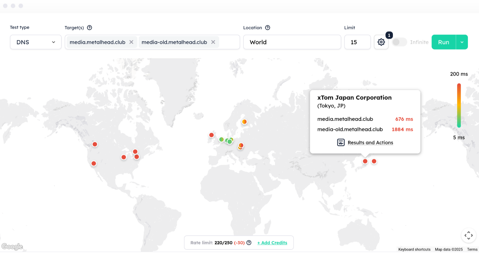 Screenshot von globalping.io: Zeigt Auflösungszeit von Japan. Jetzt 676 ms statt 1,884 Sekunden